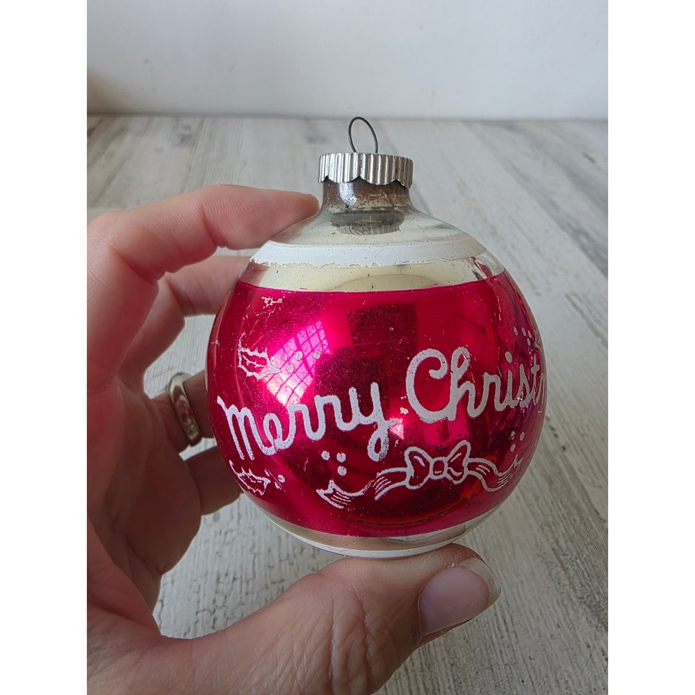 Vintage shiny Brite Merry Christmas stencil pink glass ornament Xmas tree